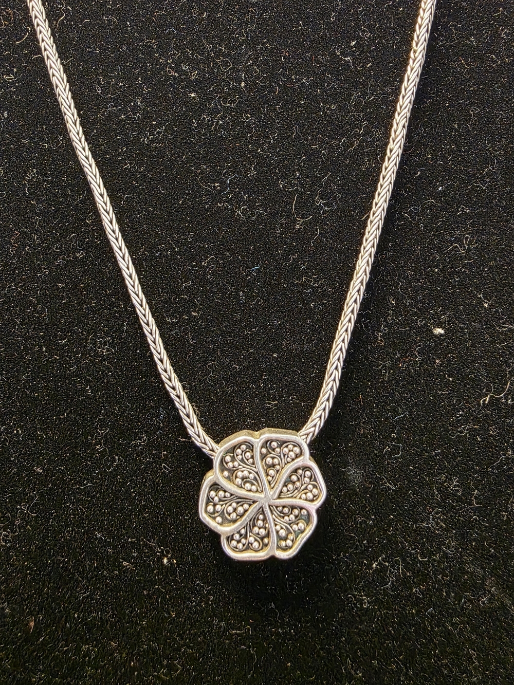 Lois Hill Sterling Silver 925 Scroll And Granulated Flower Pendant Necklace